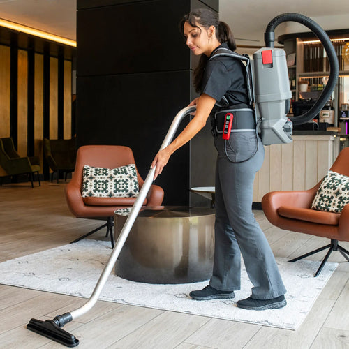 Sanitaire® Transport® Cordless Backpack Vacuum In Use Thumbnail